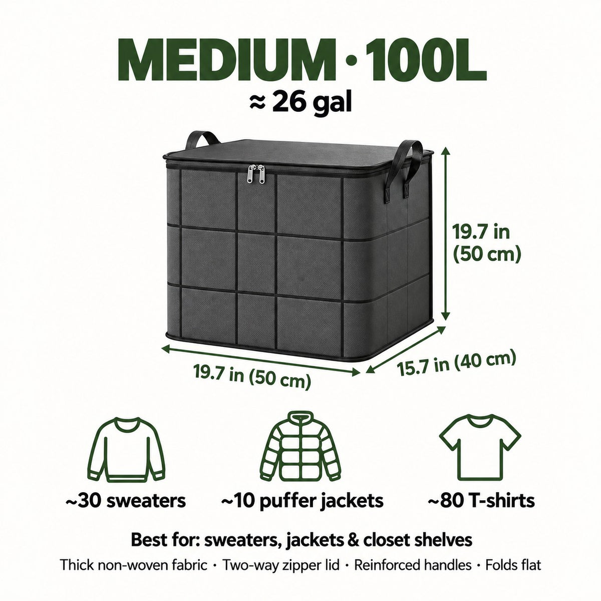 Medium 100L storage bin, 19.7 x 15.7 x 19.7 in, for sweaters and jackets