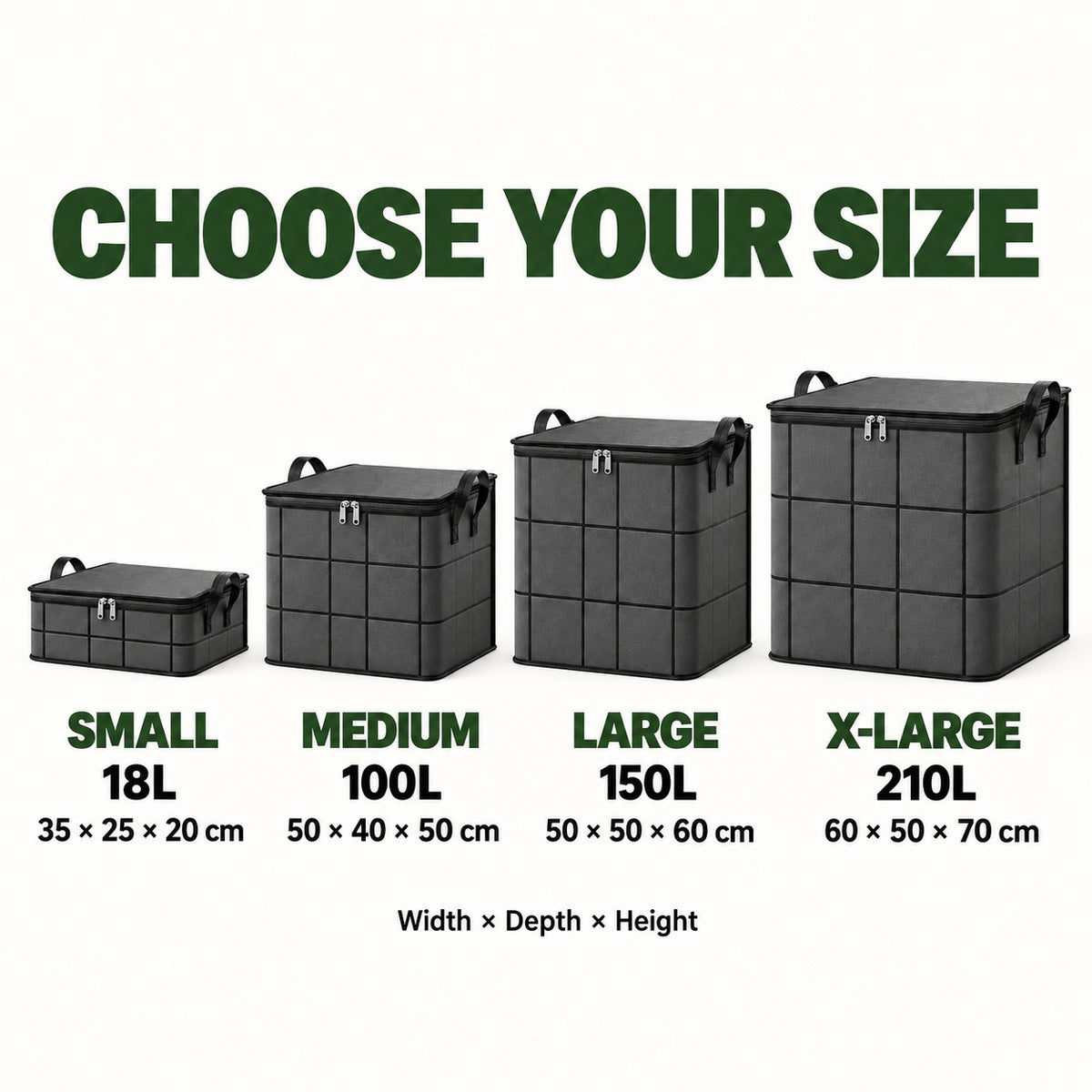 Storage bin size chart: Small 18L, Medium 100L, Large 150L, X-Large 210L