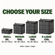 Storage bin size chart: Small 18L, Medium 100L, Large 150L, X-Large 210L
