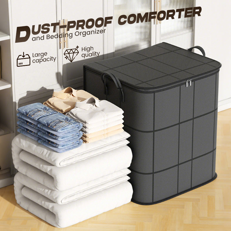 Pickivo space-saving dust-proof storage bin next to folded comforters and clothes