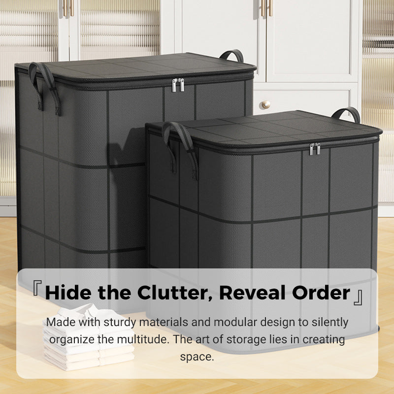 Two storage bins with zipper lids keeping a bedroom tidy