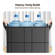 Heavy-duty storage bin holding three water jugs